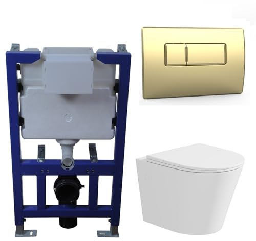 Verona Matt White Wall Hung Rimless Toilet with Soft Close Seat Brass Pneumatic Flush Plate 820mm Frame & Cistern