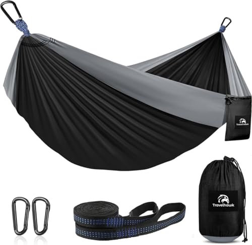 TravelHawk Reisehängematte für 2 Persons Schwarz - Hängematte aus Fallschirmstoff 225KG belastbar Hammock mit Tragetasche für Balkon, Terrasse, Garten, Camping, Travel - 305 x 200 cm