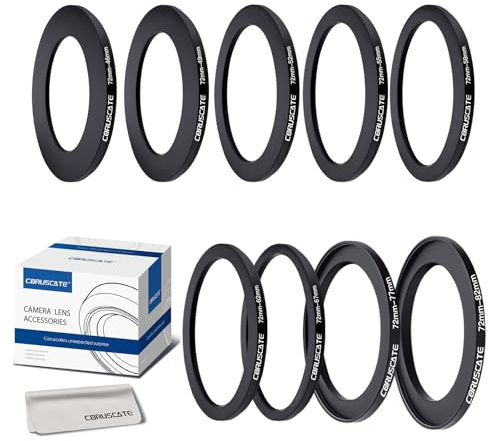 9Pcs 72mm Filter Ring Adapter Set,Filter Metal Stepping Rings for All Brands UV ND CPL (72-46mm,72-49mm,72-52mm,72-55mm,72-58mm,72-62mm,72-67mm,72-77mm,72-82mm)+Lens cleaning cloth
