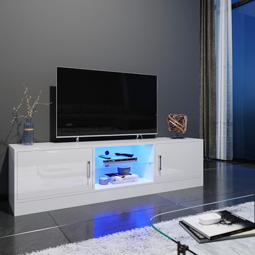 ELEGANT 1500mm Modern High Gloss TV Stand Cabinet with Ambient Light for 22-55 Flat Screen 4k TVs/LED Light TV Cabinet with Shelves and Cabinets for Living Room Bedroom, White