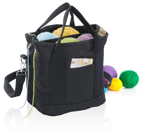 GNEGNI LIFE Canvas Crochet Tote Bag, Portable Knitting Bag for Yarn Storage Yarn Storage Organizer for Crochet Accessories, Knitting Needles, Crochet Hooks (Black)