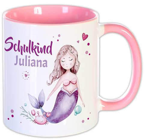 Unikatolo Tasse Schulkind mit Name personalisiert Geschenk Schulanfang Namenstasse Schulstart Kinder Schultüte pink lila Mädchen Einschulung Zuckertüte Kleinigkeit Mitbringsel (Meerjungfrau rosa)