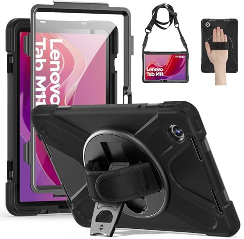 Gerutek Funda Anticaída para Lenovo Tab M11/K11/Xiaoxin Pad 2024 11, TB-330FU/331FC/330XU, Funda Resistente con Protector de Pantalla, Soporte 360° Giratorio, Correa de Mano/Hombro, Portalápiz, Negro
