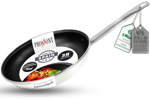 ProMont Energiesparpfanne 28 cm Einsparung bis zu 40% - Emaillierter Stahl, Antihaft Beschichtung innen, sehr leicht zu reinigen, Creme Pfanne für alle Herdarten Spülmaschinenfest Edelstahlgriff