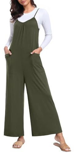 PrinStory Tuta da donna a gamba larga con tasche vestibilità ampia pagliaccetto senza maniche salopette regolabile con spalline, Verde militare, S