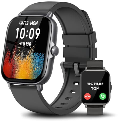 Smartwatch Damen Herren, 1,85-Zoll Smartwatch, Bluetooth-fähige Anrufe, IP68 Wasserdicht Fitnessuhr mit Herzfrequenzmonitor Schlafmonitor Schrittzähler, Sportuhr für iOS Android