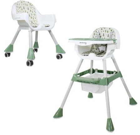 Mobiclinic®, High Chair, 2 in 1, Adjustable Height, Baby Highchair, Double Tray, Baby and Toddler Chair, 5-Point Safety Harness, Removable Wheels, Up to 35 kg, Forest, Storage Basket, 360º Wheels