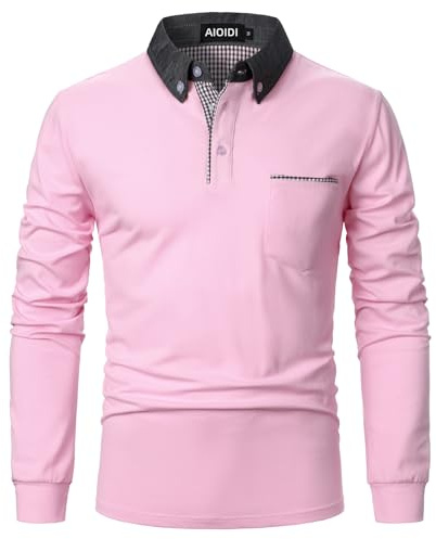AIOIDI Long Sleeve Polo Shirts Mens Tops Casual Golf Shirt with Real Pockets Pink L