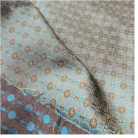 AIXILAN Chinese Brocade Fabric Traditional,Silky Satin Brocade,Blue with Coffee Color Icing on The Cake Small Square Grid Pattern Packaging Brocade Box Round Fan Edge Traditional Cloth 145X50cm