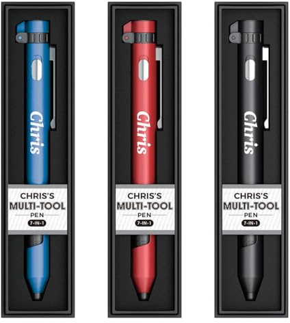 Chris Named Personalisierter Multifunktions-Stift 7-in-1 mit Taschenlampe, Handyhalter, Stylus, Kompass und Schraubendreher-Set – verschiedene Farben (Rot, Blau, Schwarz) – Schwarze Tinte
