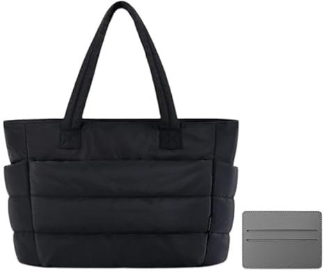 Puffer Bag Puffer Tote Bag Gesteppte Shopper Tasche Puffer Tasche Damen Shopper Leicht Gesteppte Umhängetasche, Große Tragetasche, Geeignet für Arbeit, Uni, Reisen (Schwarz) mit Grauem Kartenhalter