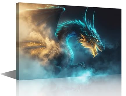 TISHIRON Drachen-Wandkunst, Drache im Wald, Leinwanddrucke, Wandkunst, Drachen-Wanddekoration, Kunstwerk für Zuhause, Schlafzimmer, Wohnzimmer, Wanddekoration, Jungenzimmer, Leinwandkunst, Poster und