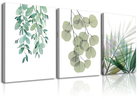 Piy Painting Wandbilder, Minimalistische Malerei, Grünes Blatt Leinwanddruck, Pflanze Kunstdruck Leinwand, Grünes Kunstposter für Schlafzimmer Badezimmer Eingangsbereich Flur, 3 Stück, 40x30 cm