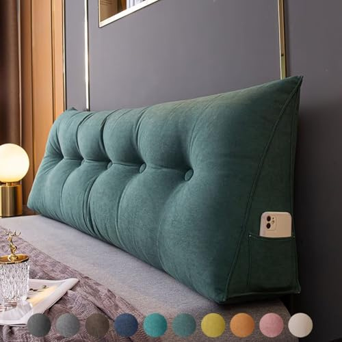 Bettkissen Rückenlehne 80cm Dunkelgrün, Rückenkissen Bett Keil Kopfteil Kissen, Waschbar Abnehmbar Rückenstützkissen Lendenkissen mit Seitentasche, Bequemes Wandkissen Lesekissen für Bett und Sofa