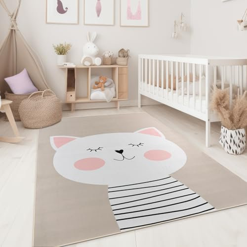 Taracarpet Kinderzimmer Teppich für Kinder, Jungen, Mädchen und Jugendzimmer Fresh Kids Tiere Katze Taupe 120x170 cm