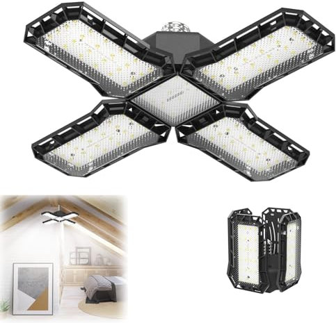 UISEBRT Garagenlampe LED 60W 1 Stück, 4200ML 6500K Verformbare LED Werkstatt Deckenleuchte mit 4 Verstellbaren Paneelen, E26/E27 Werkstattlampe Garagenleuchte, Kaltweiß