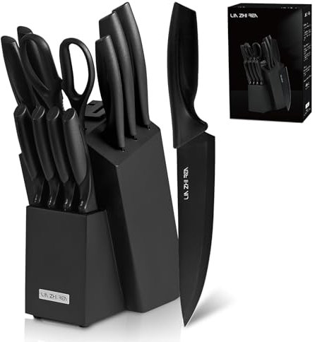 LIN ZHI REN Messerblock Set, 13-teiliges Messerset, Küchenmesserset mit Block, integriertem Schärfer, ergonomischem Griff, spülmaschinenfest, schwarz