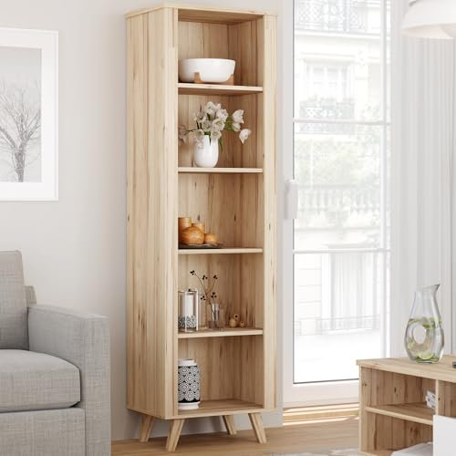 Forte VANKKA Regal 60, Offenes Regal mit 4 Einlegeböden und erhöhten Möbelbeinen, Holzwerkstoff, Planked Eiche Dekor/Weiß, 60 cm breit, 201,5 cm hoch, 42 cm tief