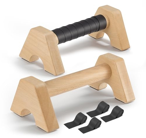 Parallettes Bois - Poignées de Pompes en Bois Antidérapantes et Stables, Équipement de Calisthenics & Cardio pour Appuis Renversés, Pompes avec 2 Sangles Amovibles