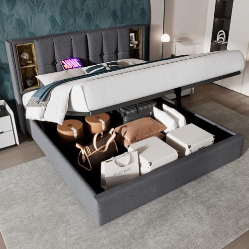 Merax Upholstered Double Bed, Ottoman Storage Bed Frame With Hydraulic Lever, Wireless Charging(USB Tyep-C), Linen Fabric, Grey/135 x 190cm(No Mattress)