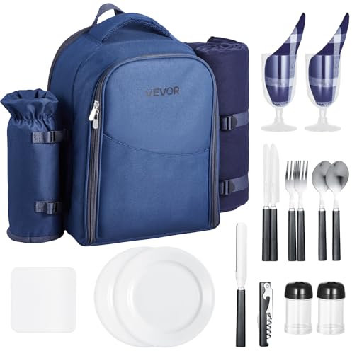 VEVOR Sac à Dos Isotherme pour 2 Personnes, Sac à Dos de Pique-nique avec Compartiment Isotherme, Porte-bouteille Amovible, Couverture Légère, Kit Assiettes et Couverts, Randonnée Camping, Bleu Marine