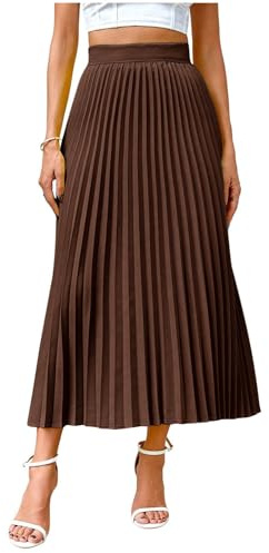 Midi Skirts for Women UK Fashion Business Casual Pleated Skirt Solid Colour High Elasticated Waist Flowy A-Line Skirts Ladies Stylish Office Work Skirt Everyday Daily Wear Coffee