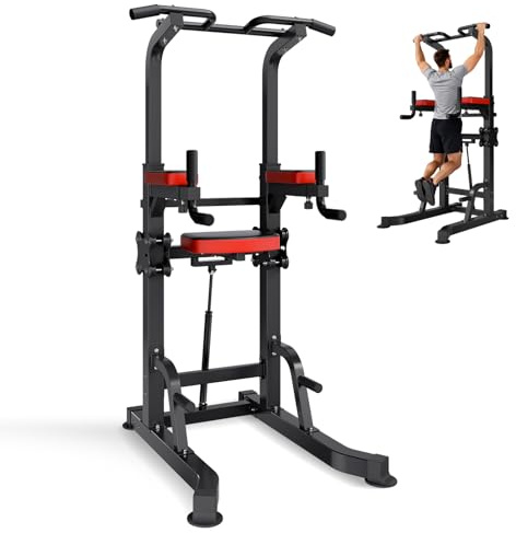 VEVOR Pull Up Bar, 330 LBS Power Tower Dip Station, Workout Dip Station with H-Shaped Stable Base & Assistance Platform, Adjustable 9 Level Height Pullup Stand for Back, 3-Level Adjustable Elbow Pads