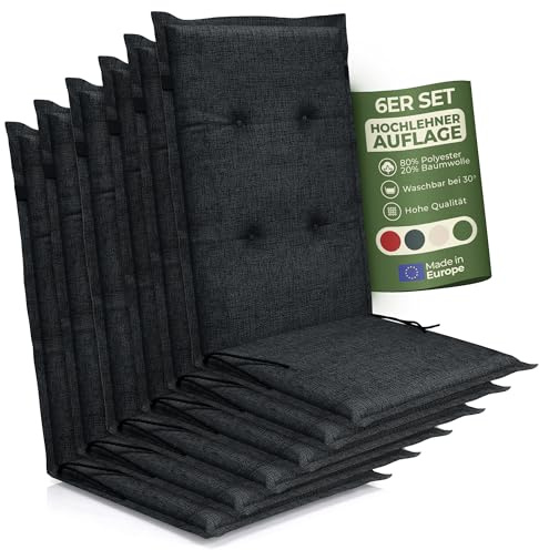 Petsation Florence Hochlehner Auflage – Gartenstuhlauflage Hochlehner mit Schaumstoff Polster, Outdoor Kissen & Stuhlkissen für Gartenstuhl, Sitzkissen Stuhl & Sitzkissen Bank, Outdoor (6, anthrazit)