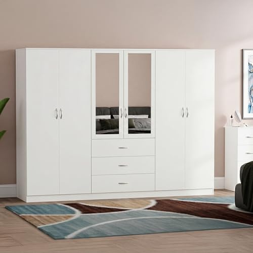 Vida Designs Riano 6 Door 3 Drawer Mirrored Wardrobe | White | Bedroom Furniture | 175H x 230W x 54D cm | With Storage Shelf & Hanging Rail | Large Capacity Storage