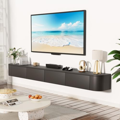 JMGJOY 200cm Floating Tv Stand Cabinet Wall Mounted Tv Unit with Doors And Drawers Media Wall Unit Large Storage Console Table for Living Room Bedroom and Office, Black