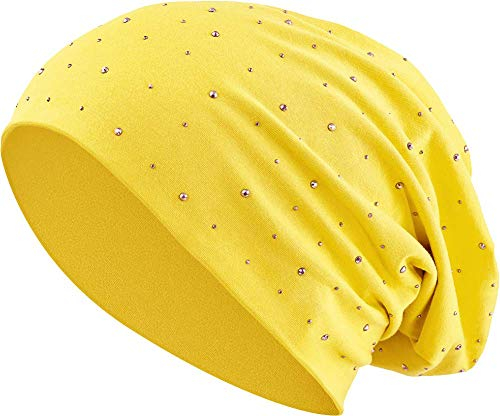 Jersey Baumwolle elastisches Long Slouch Beanie Unisex Herren Damen mit Strass Stern Steinen Mütze Heather in 35 (7) (Yellow)