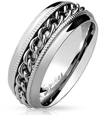 Bungsa 54 (17.2) SPINNER RING Edelstahl silber - Ring für Damen & Herren mit KETTE - drehbarer SCHMUCKRING für Frauen & Männer - EDELSTAHLRING Ketten-Ringe silber