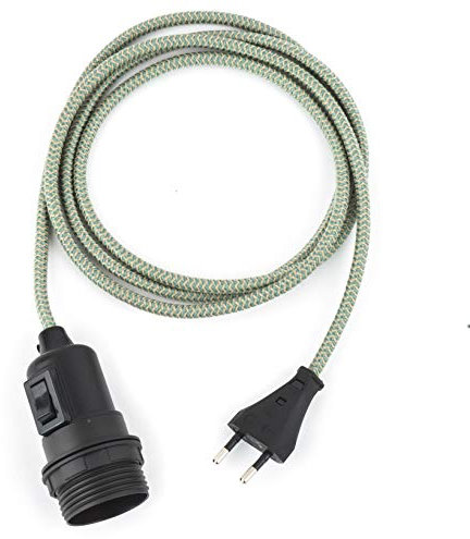 5m Plug-In Lampe LEINEN GRÜN, Textilkabel mit Lampenfassung aus Thermoplast (TEILGEWINDEMANTEL) mit Schalter und Eurostecker