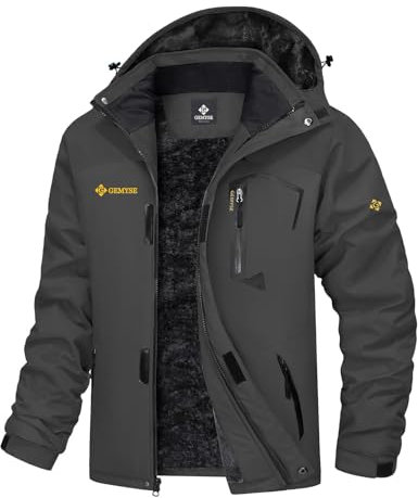 GEMYSE Herren Berg-Skijacke Wasserdicht Winddicht mit Kapuze Fleece Outdoor Winterjacke (Eisen Grau,L)