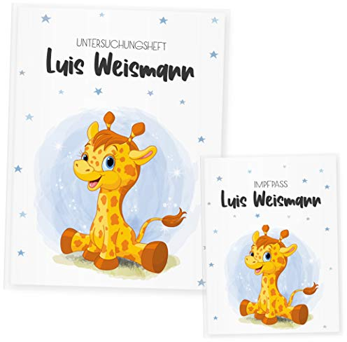 U Heft und Impfpass Hülle Set Babytiere (Uheft Set personalisiert, Giraffe Blau)