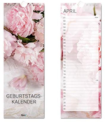 Geburtstagskalender Motiv Pfingstrose I 105 x 297 mm I Immerwährend I jahres-unabhängig I Blumen Rosen Blüten I mit Aufhängung I Dauerkalender für Frauen I tr040