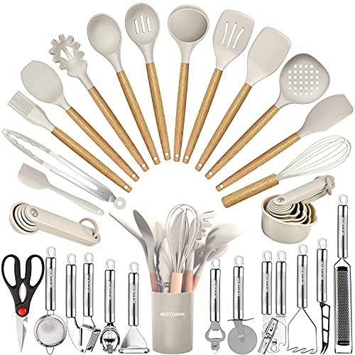 Set di 35 utensili da cucina con grattugia, pinze, cucchiaio, spatola e spatola in silicone resistente al calore per uso alimentare e manici in legno, set di utensili da cucina per pentole