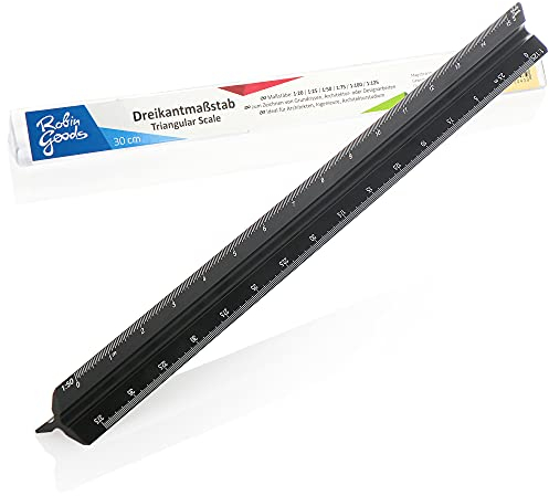 Robin Goods® Dreikantmaßstab aus Aluminium - Architekten-Lineal für Bauzeichnungen - Zeichen Lineal für Architekten, Bauzeichner, Ingenieure, Studenten - 32cm (schwarz - Maßstab groß)