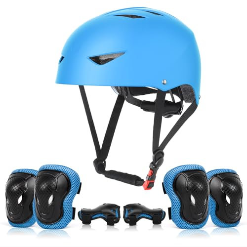 ValueTalks Set de Protección Patinaje, Protección Infantil Consta de Casco Ajustable Rodilleras Coderas, Patinaje Ciclismo Monopatín y Deportes Extremos(5-16 Años (Azul)