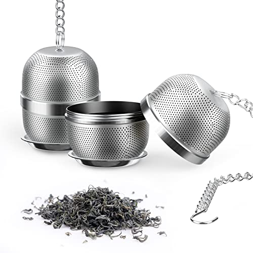 ABERIA Tea Infuser (2 Pieces) for Loose Tea with Drip Tray and Long Chain Hook | Fine mesh Tea Diffuser Ball | Food-Grade Premium 304 Stainless Steel Tea Strainers for Loose Tea | Egg Strainer