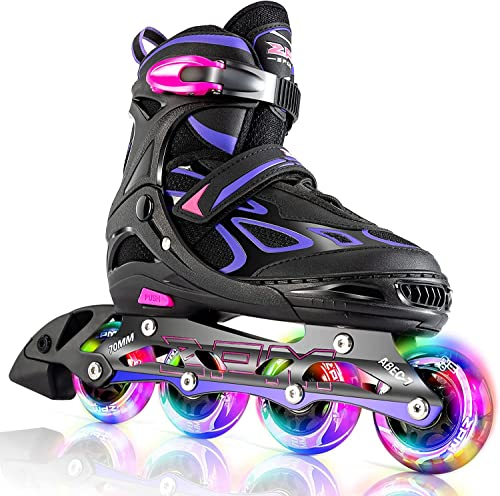 2PM SPORTS Verstellbar Inliner für Kinder Mädchen Jungen, Inline Skates Rollschuhe für Damen Herren Größe 30-33 34-37 38-41 42-44 (Violett XL)