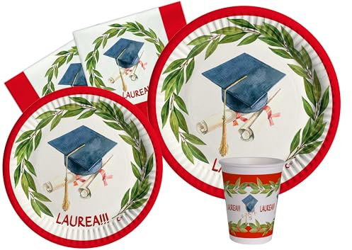 Kit Party Tavola Laurea per 24 persone (112 pezzi: 24 piatti Ø23cm, 24 piatti Ø18cm, 24 bicchieri 200ml, 40 tovaglioli 33x33cm) in carta compostabile eco-friendly