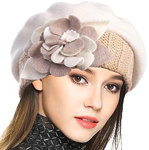VECRY Damen 100% Wolle Französische Baskenmütze Blumen Strickmütze Schädelkappe Kleid Wintermütze (Creme,M)