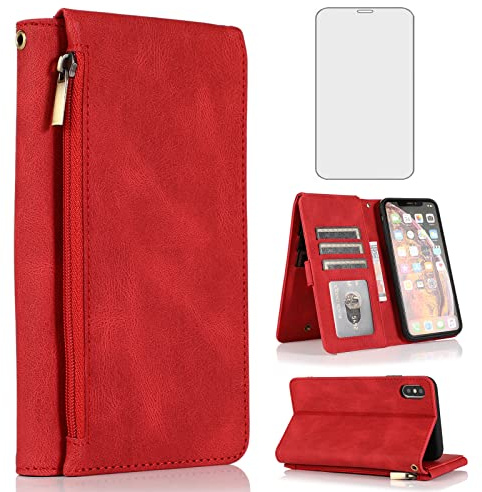 Compatible with iPhone Xs X 10 10s Wallet Case Tempered Glass Screen Protector Zipper Leather Flip Cover Card Holder Stand Phone for iPhoneX iPhoneXs iPhone10 i PhoneX SX 10x 10xs X’s Women Men Red