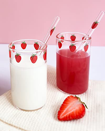 Kreapa strawberry cups 2 Sets Cute glass strawberry cups 300ML straw glass cups, Cute strawberry pattern glass bottles for water milk tea, coffee juice tea cups (2pcs)