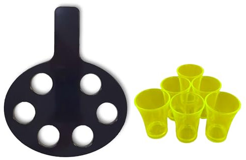 Chabrias 6 Hole Shot Glass Holder with Yellow Shot Glass Handle - UK Made, Black Paddel, Restaurant Paddle, Shot Glass Set, Shot Glasses, Novelty Shot Glasses, Vodka Glasses (Yellow)