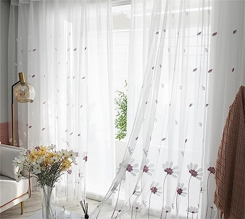 KEKUYA Voile Gardinen Vorhang halbtransparent 2er Set Vorhänge aus Gaze Stoff mit Ösen Atmungsaktiv Luftig Dekoschal für Wohnzimmer Schlafzimmer Kinderzimmer- Lila Blume(B168 x H183cm)