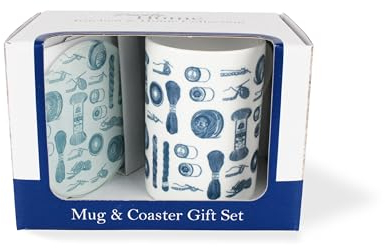 Knitting Mug & Coaster Gift Set - Vintage Hobbies Wool Bone China Mug and Glass Coaster Set - Tea/Coffee Present
