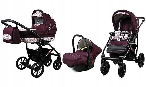 BabyLux® Bambimo Kinderwagen Set 3 in 1 - Largo - incl. Babywanne, Buggy Sportsitz, Auto-Babyschale - Autositz - Kinderwagenset - Kombikinderwagen mit Wickeltasche, Regenschutz usw.