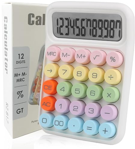 Envysun Calculatrice de bonbons colorée, calculatrice mécanique mignonne à 12 chiffres, grand écran LCD, grand bouton rond, facile à presser, pour l'école, le bureau, les affaires, la maison, veille